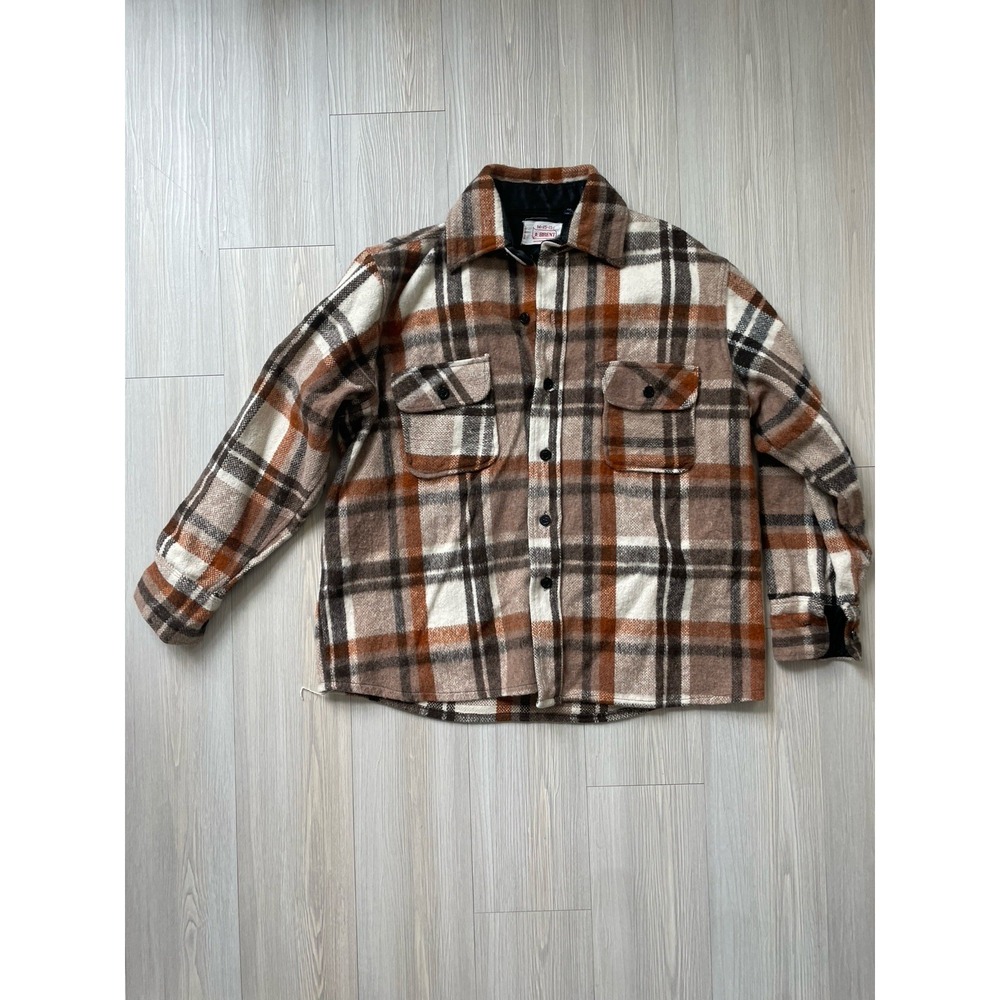 Vintage Brent Montgomery Ward Plaid Wool Flannel Brown Men's Medium 15-15.5